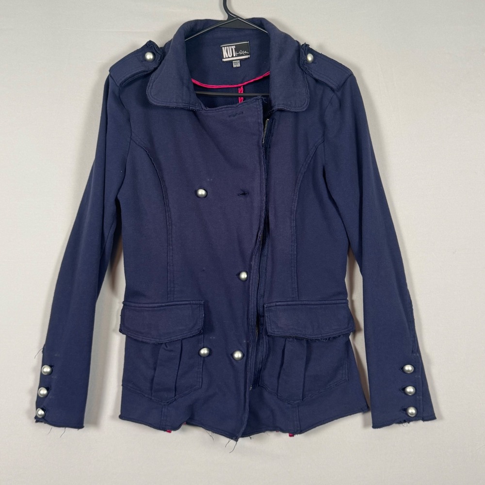 KUT from the Kloth Military Jacket Women Large Navy Blue Y2K Moto Blazer